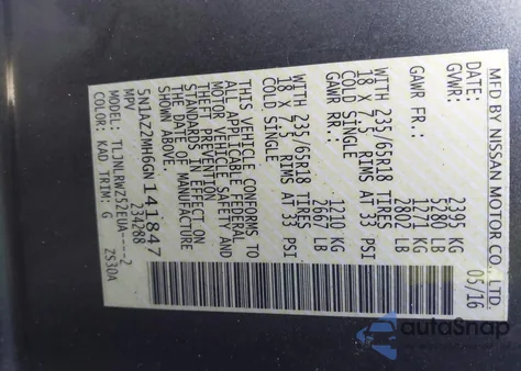 2016 Nissan Murano Sl z USA, uszkodzony, nr VIN 5N1AZ2MH6GN141847